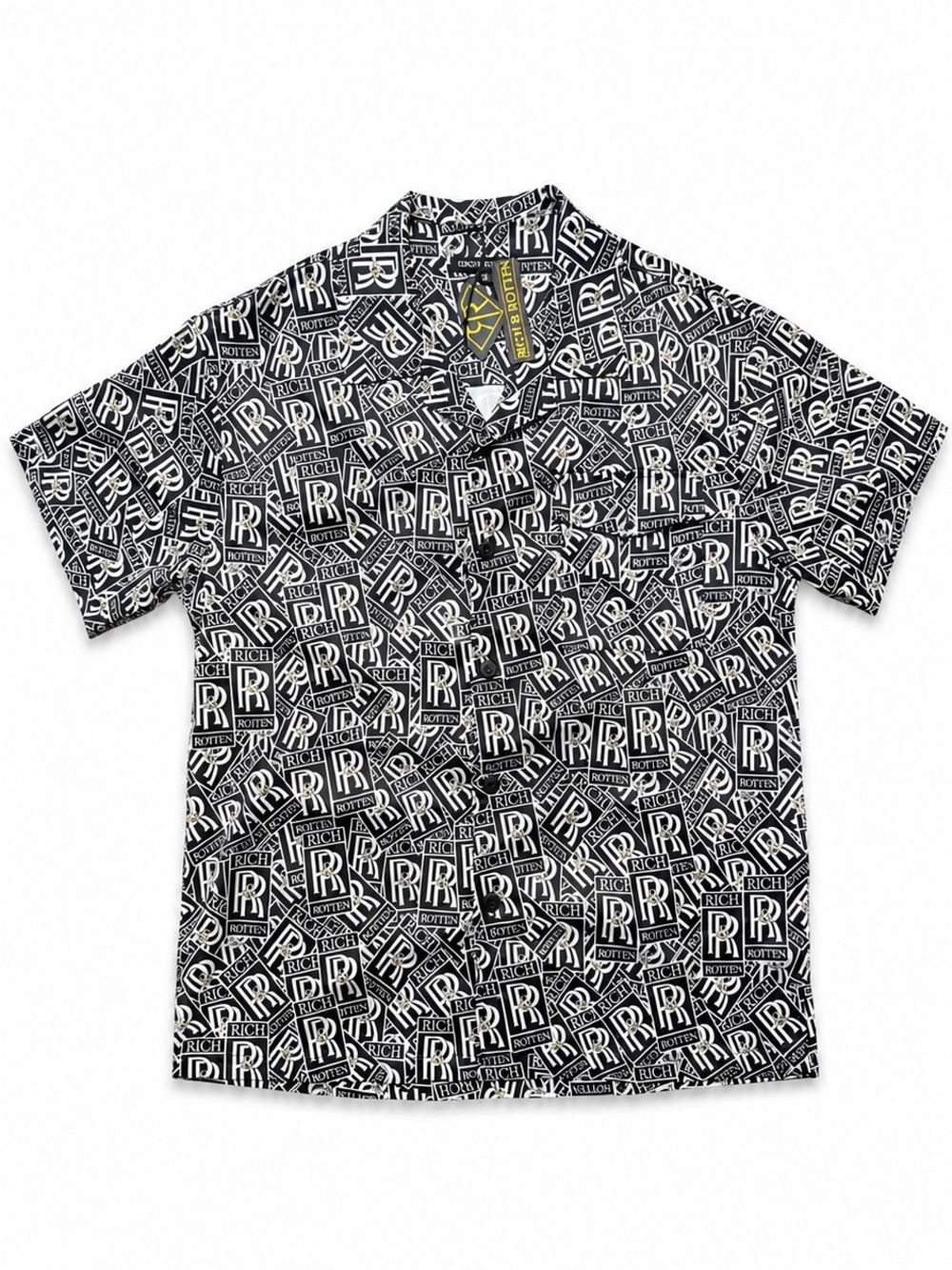 Rich & Rotten All Over Logo Button Up Shirt Black White Gold NWT